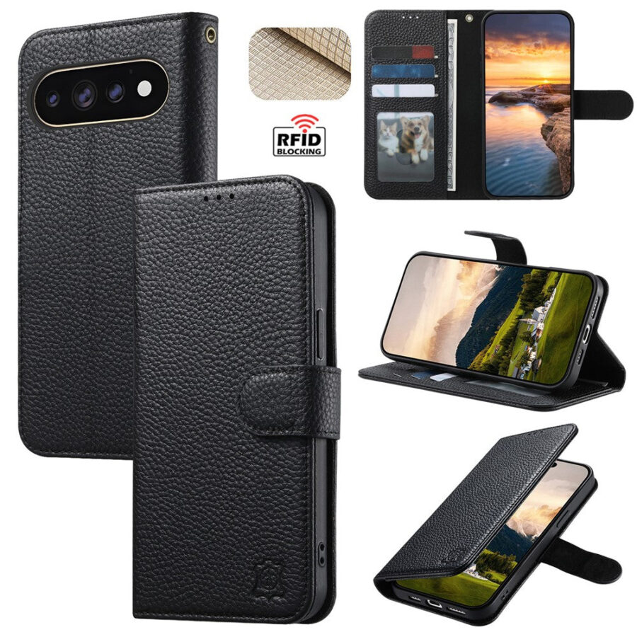 6601237945A-1 Split Leather Flip Cover For Google Pixel 11 Pro / Pixel 11 Case RFID Blocking Wallet with Magnetic Clasp
