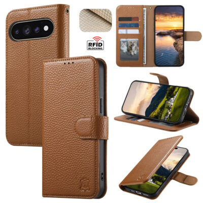 6601237945C-1 Split Leather Flip Cover For Google Pixel 11 Pro / Pixel 11 Case RFID Blocking Wallet with Magnetic Clasp