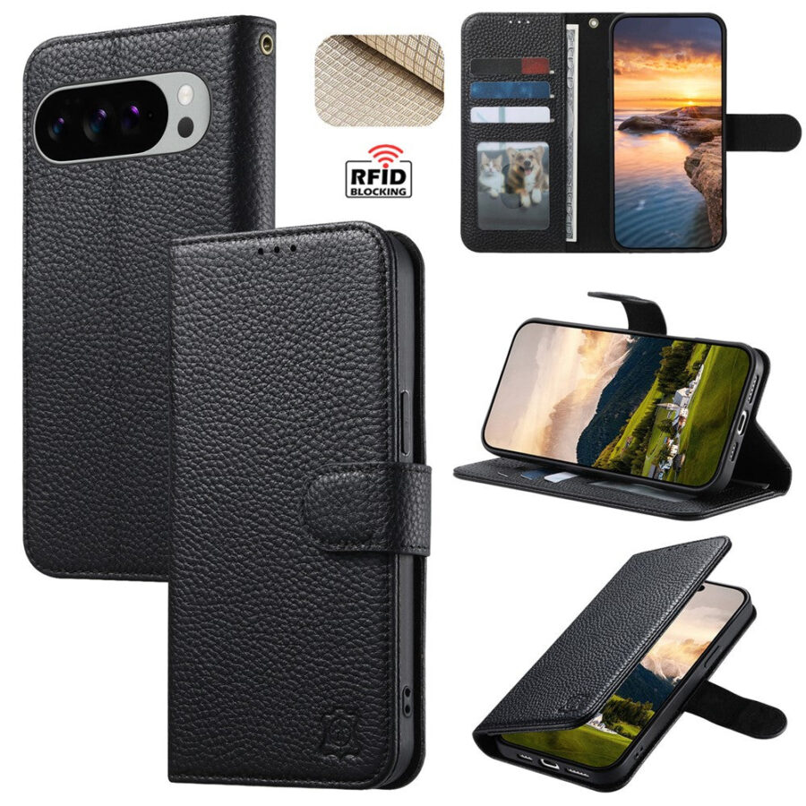 Split Leather Flip Cover For Google Pixel 10 Pro XL / Pixel 9 Pro XL Case RFID Blocking Wallet with Magnetic Clasp