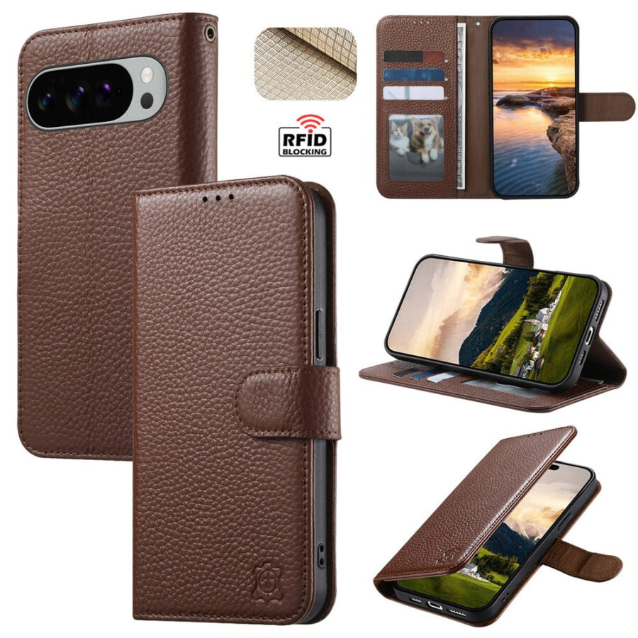 Split Leather Flip Cover For Google Pixel 10 Pro XL / Pixel 9 Pro XL Case RFID Blocking Wallet with Magnetic Clasp