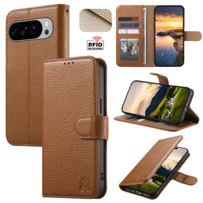 6601237948C-1 Split Leather Flip Cover For Google Pixel 10 / Pixel 10 Pro / Pixel 9 / Pixel 9 Pro Case RFID Blocking Wallet with Magnetic Clasp
