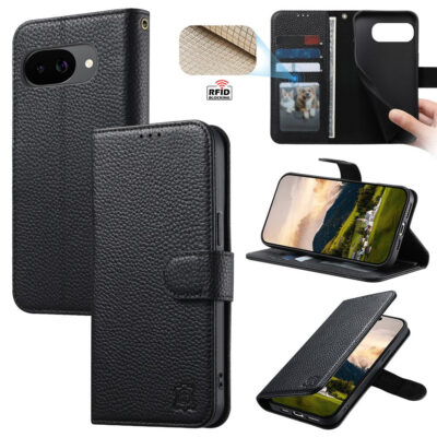 6601237949A-1 Split Leather Flip Cover For Google Pixel 10A Case RFID Blocking Wallet with Magnetic Clasp