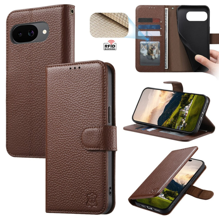 6601237949B-1 Split Leather Flip Cover For Google Pixel 10A Case RFID Blocking Wallet with Magnetic Clasp