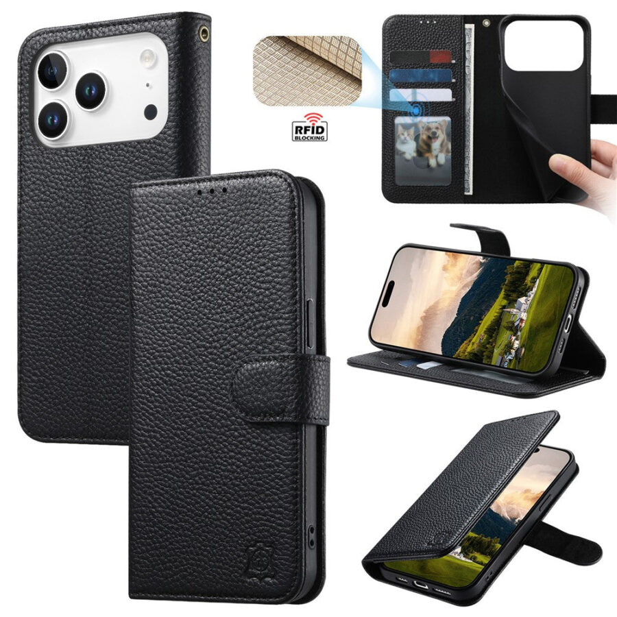 6601237962C-1 Split Leather Flip Cover For iPhone 18 Pro Max / iPhone 17 Pro Max Case RFID Blocking Wallet with Magnetic Clasp