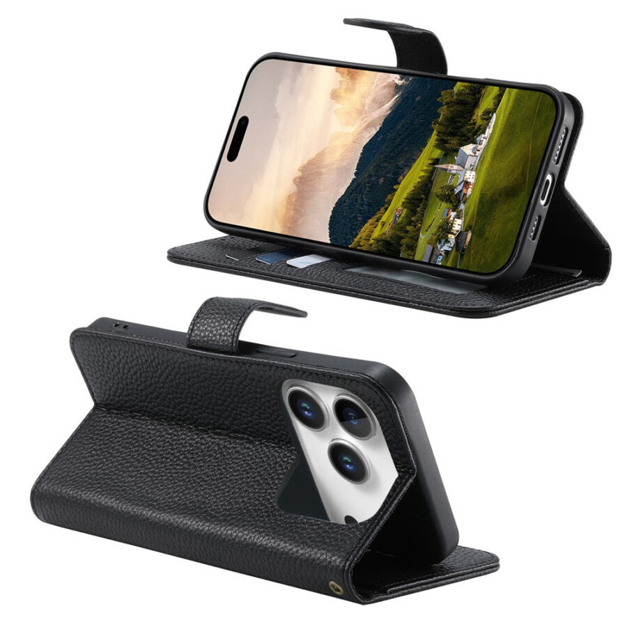 6601237962C-3 Split Leather Flip Cover For iPhone 18 Pro Max / iPhone 17 Pro Max Case RFID Blocking Wallet with Magnetic Clasp