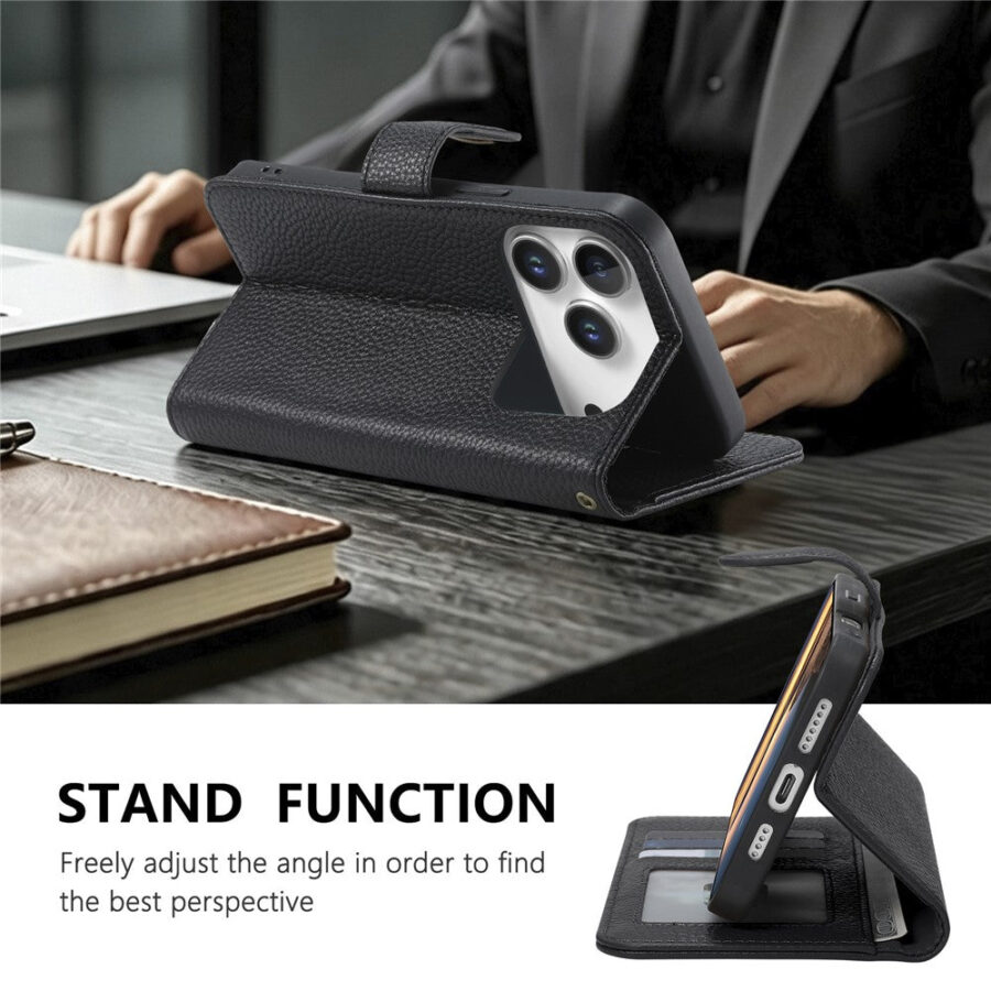 6601237962C-4 Split Leather Flip Cover For iPhone 18 Pro Max / iPhone 17 Pro Max Case RFID Blocking Wallet with Magnetic Clasp