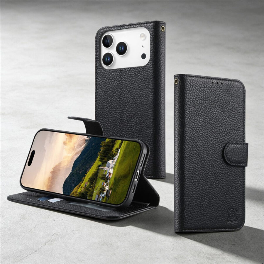 6601237962C-5 Split Leather Flip Cover For iPhone 18 Pro Max / iPhone 17 Pro Max Case RFID Blocking Wallet with Magnetic Clasp