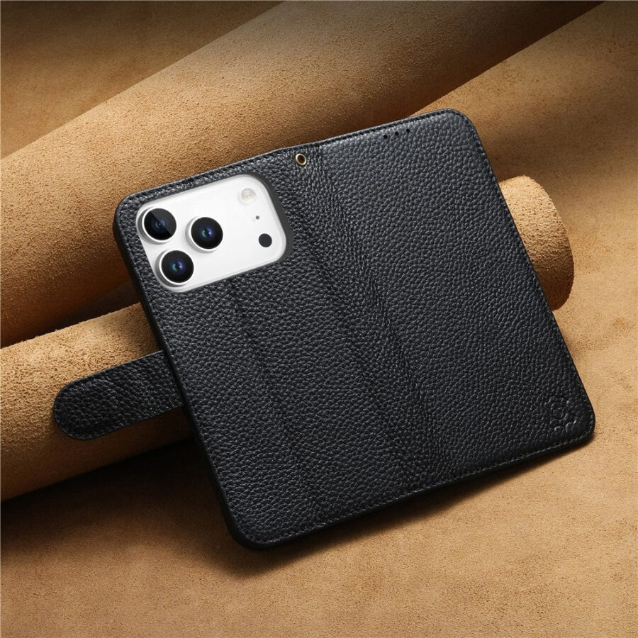 6601237962C-9 Split Leather Flip Cover For iPhone 18 Pro Max / iPhone 17 Pro Max Case RFID Blocking Wallet with Magnetic Clasp