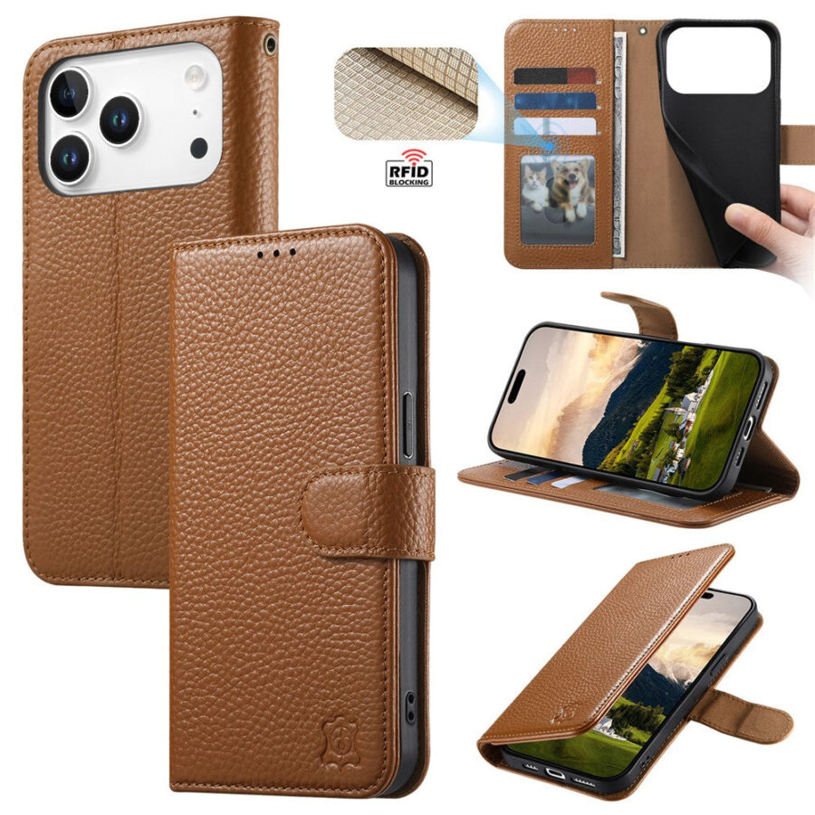 6601237963A-1 Split Leather Flip Cover For iPhone 18 Pro / iPhone 17 Pro Case RFID Blocking Wallet with Magnetic Clasp