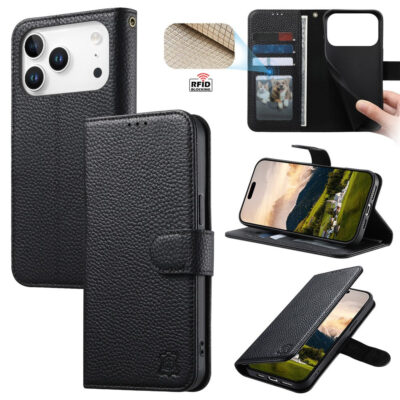 6601237963B-1 Split Leather Flip Cover For iPhone 18 Pro / iPhone 17 Pro Case RFID Blocking Wallet with Magnetic Clasp