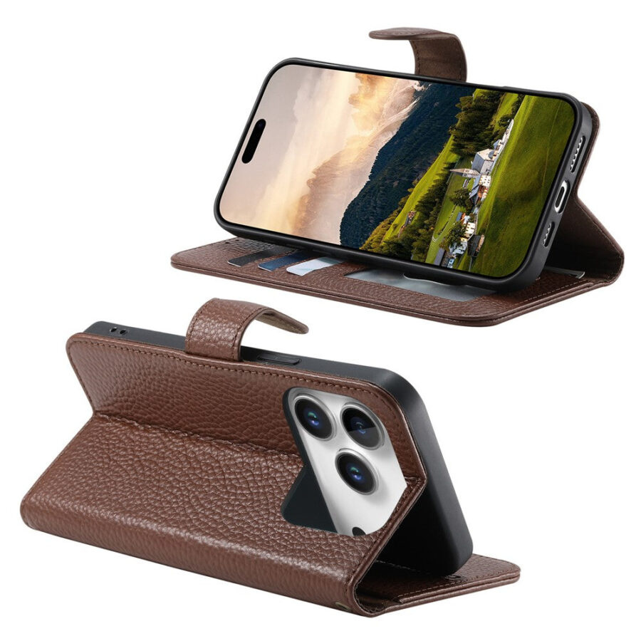 6601237963C-3 Split Leather Flip Cover For iPhone 18 Pro / iPhone 17 Pro Case RFID Blocking Wallet with Magnetic Clasp