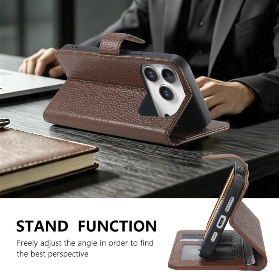 6601237963C-4 Split Leather Flip Cover For iPhone 18 Pro / iPhone 17 Pro Case RFID Blocking Wallet with Magnetic Clasp
