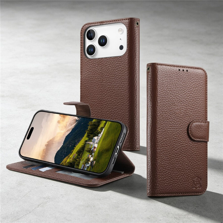 6601237963C-5 Split Leather Flip Cover For iPhone 18 Pro / iPhone 17 Pro Case RFID Blocking Wallet with Magnetic Clasp