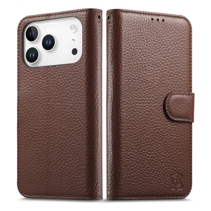6601237963C-6 Split Leather Flip Cover For iPhone 18 Pro / iPhone 17 Pro Case RFID Blocking Wallet with Magnetic Clasp