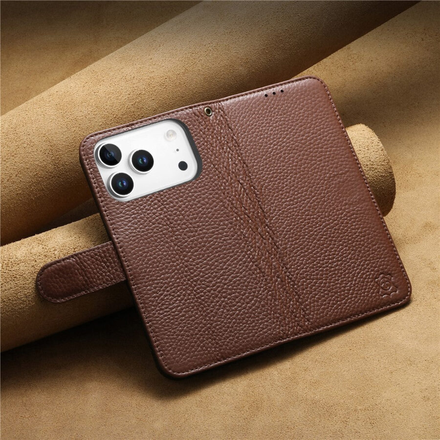 6601237963C-9 Split Leather Flip Cover For iPhone 18 Pro / iPhone 17 Pro Case RFID Blocking Wallet with Magnetic Clasp