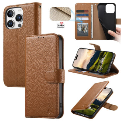 6601237972B-1 Split Leather Flip Cover For iPhone 14 Pro Case RFID Blocking Wallet with Magnetic Clasp