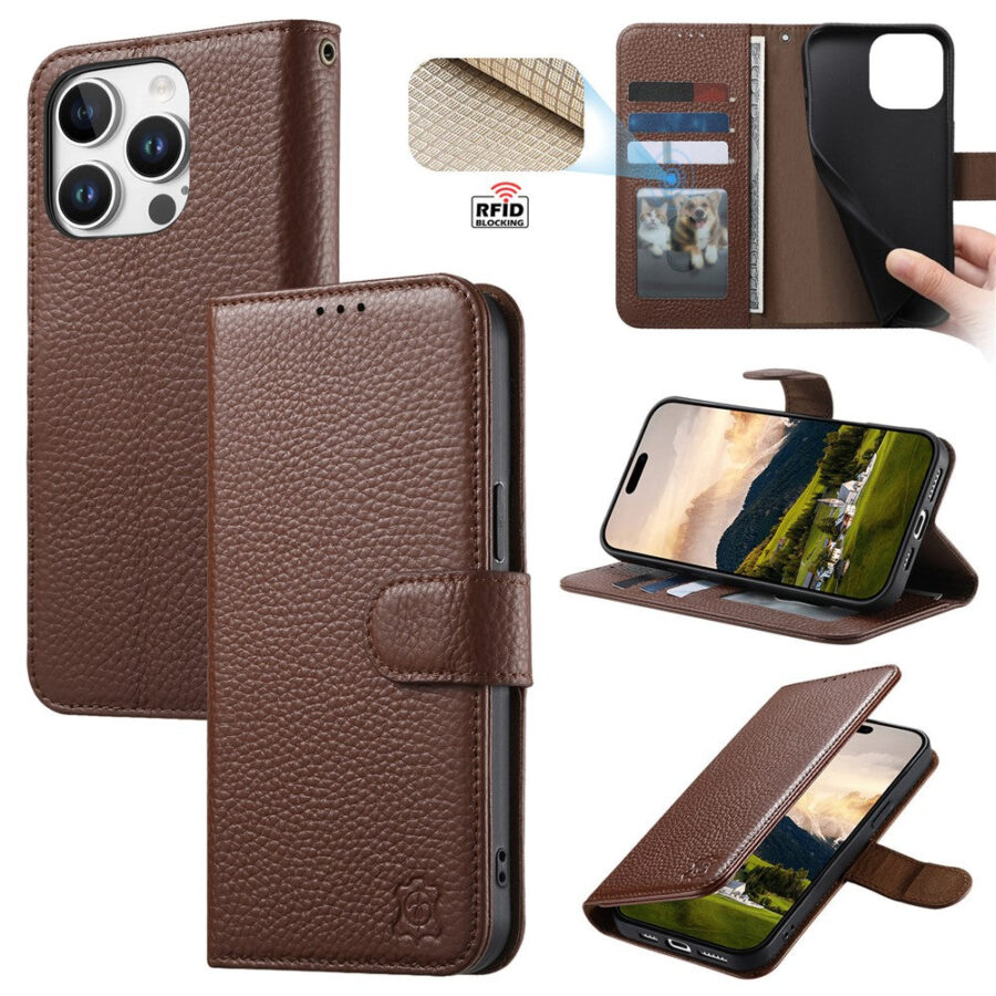 Split Leather Flip Cover For iPhone 14 Pro Max Case RFID Blocking Wallet with Magnetic Clasp