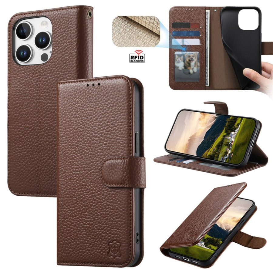 Split Leather Flip Cover For iPhone 13 Pro Max Case RFID Blocking Wallet with Magnetic Clasp