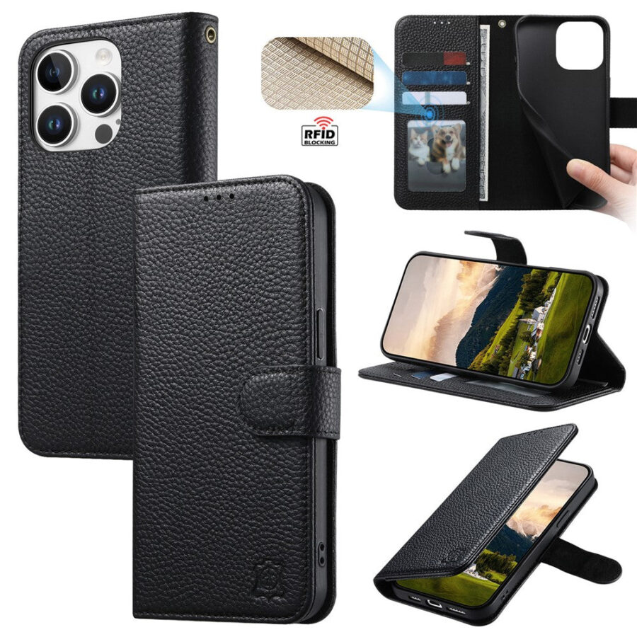 Split Leather Flip Cover  For iPhone 13 Pro Case RFID Blocking Wallet with Magnetic Clasp