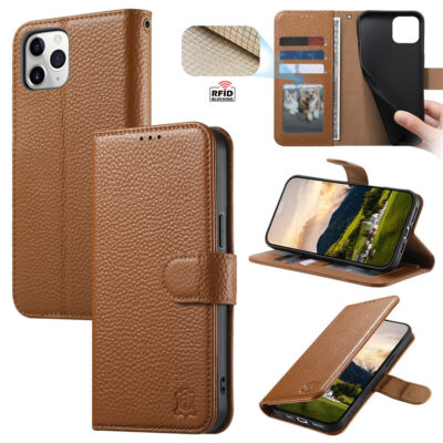 6601237976A-1 Split Leather Flip Cover For iPhone 12 Pro Max Case RFID Blocking Wallet with Magnetic Clasp