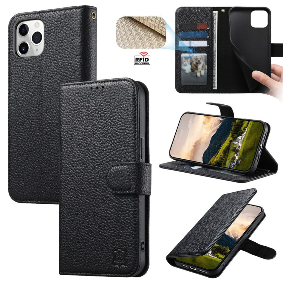 Split Leather Flip Cover For iPhone 12 Pro Max Case RFID Blocking Wallet with Magnetic Clasp