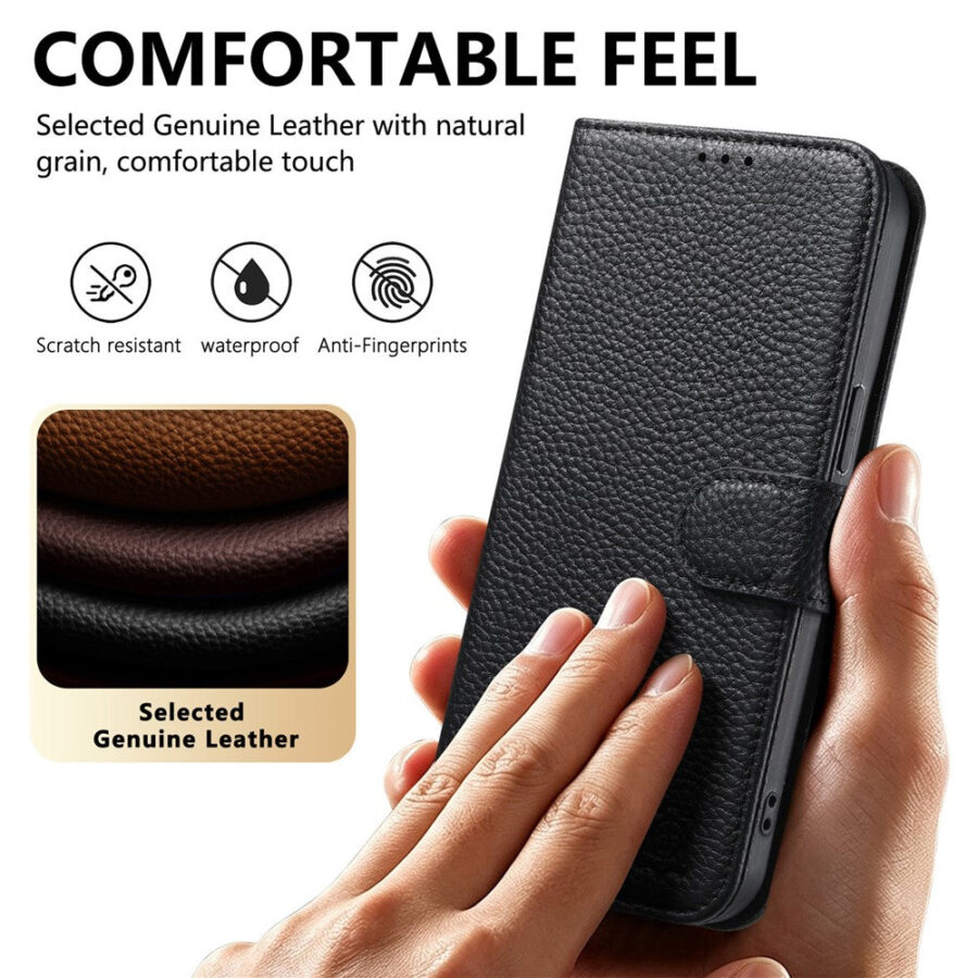6601237993A-10 Split Leather Flip Cover For iPhone 17e / iPhone 16e Case RFID Blocking Wallet with Magnetic Clasp
