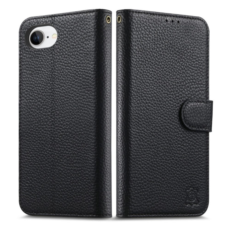 6601237993A-15 Split Leather Flip Cover For iPhone 17e / iPhone 16e Case RFID Blocking Wallet with Magnetic Clasp