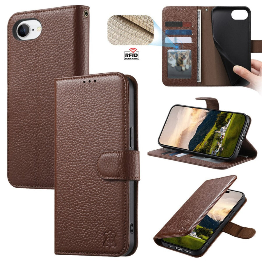 6601237993B-1 Split Leather Flip Cover For iPhone 17e / iPhone 16e Case RFID Blocking Wallet with Magnetic Clasp