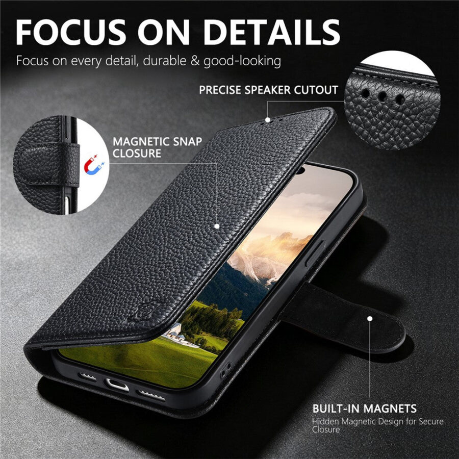 Split Leather Flip Cover For Samsung Galaxy S24+ Case RFID Blocking Wallet with Magnetic Clasp