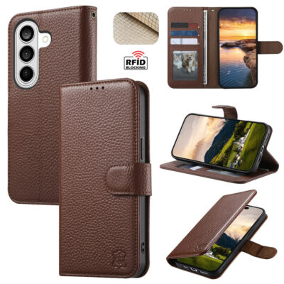 6601238002B-1 Split Leather Flip Cover For Samsung Galaxy S24+ Case RFID Blocking Wallet with Magnetic Clasp