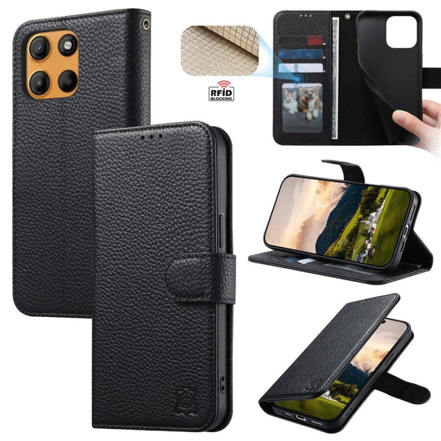 6601238008A-1 Split Leather Flip Cover For Motorola Edge 60 Neo Case RFID Blocking Wallet with Magnetic Clasp