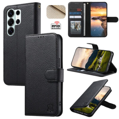 6601238014A-1 Split Leather Flip Cover For Samsung Galaxy S24 Ultra Case RFID Blocking Wallet with Magnetic Clasp
